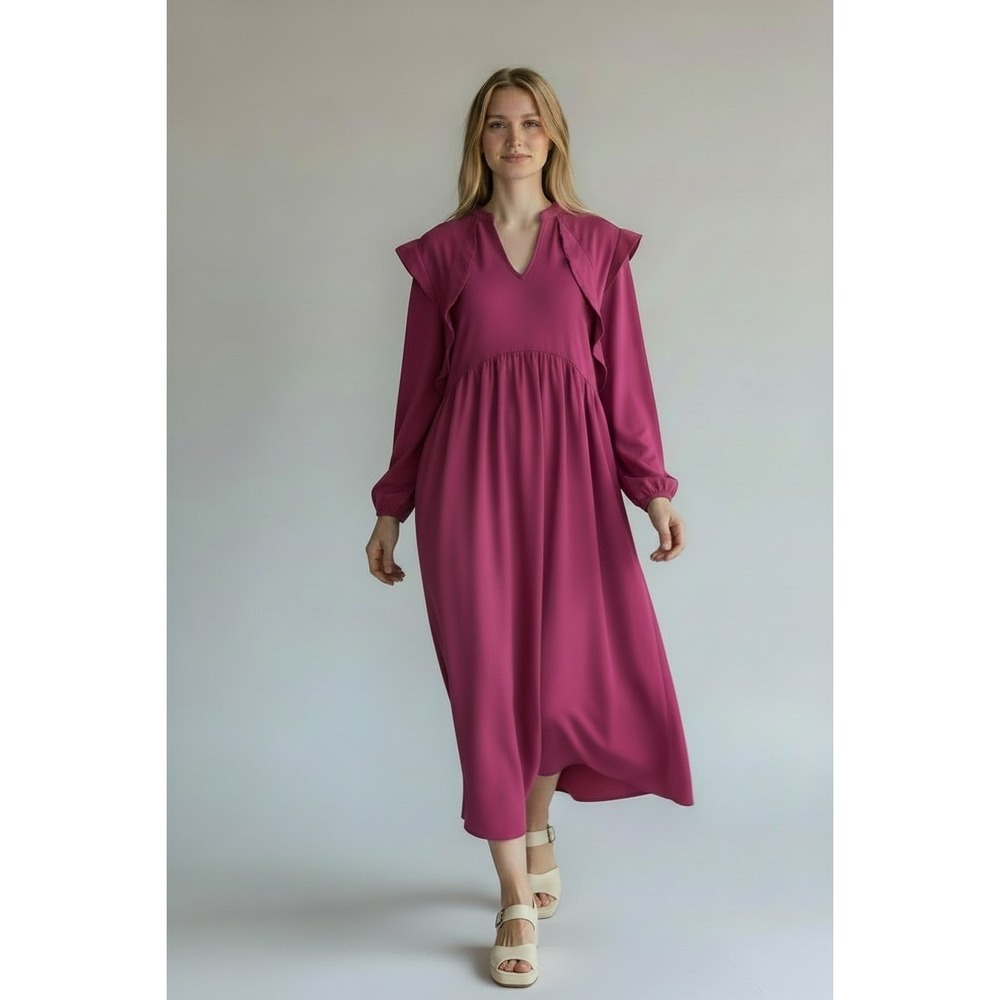 Michelle McDowell Magenta Ruffle‎ V-Neck Midi Dress Pink Long Sleeve Medium